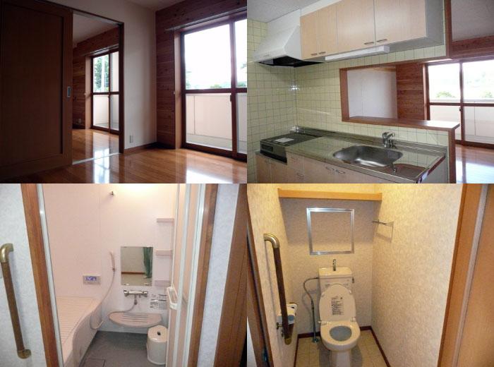 左上に引き戸で分けられた2つのフローリングの部屋、右上にカウンターキッチン、左下に鏡、シャワー、浴槽のある浴室、右下に手すり付きの水洗トイレの写真