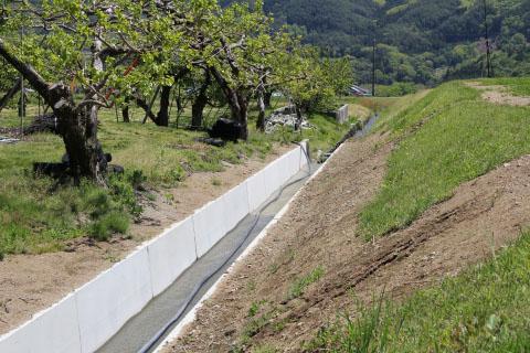 土手を下りたところにある用水路を舗装して整備している写真