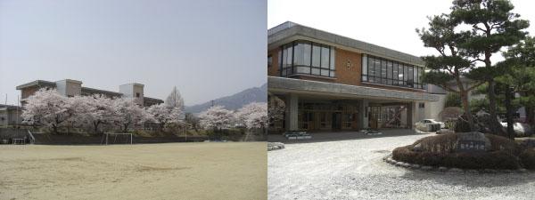 左にグラウンドから校舎の前に植えられてある桜の木が満開に咲いている写真と、右に2階建ての校舎の正面入り口付近を写した写真