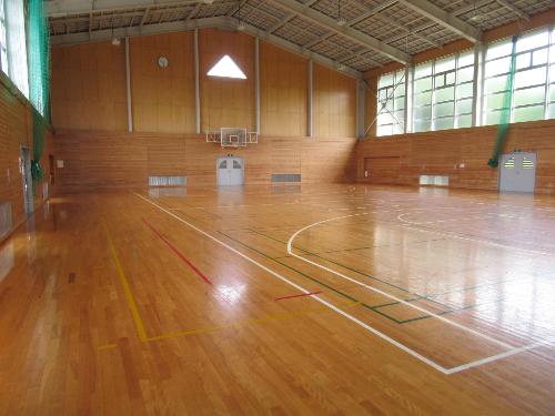体育館アリーナ。バスケットボールコートは一面、バレーボールコートは二面とれるが少し狭い。
