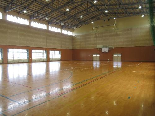 体育館アリーナ。照明はLED化されている。バレーボールコートが二面とれる。バスケットボールコートは広く一面のみ。