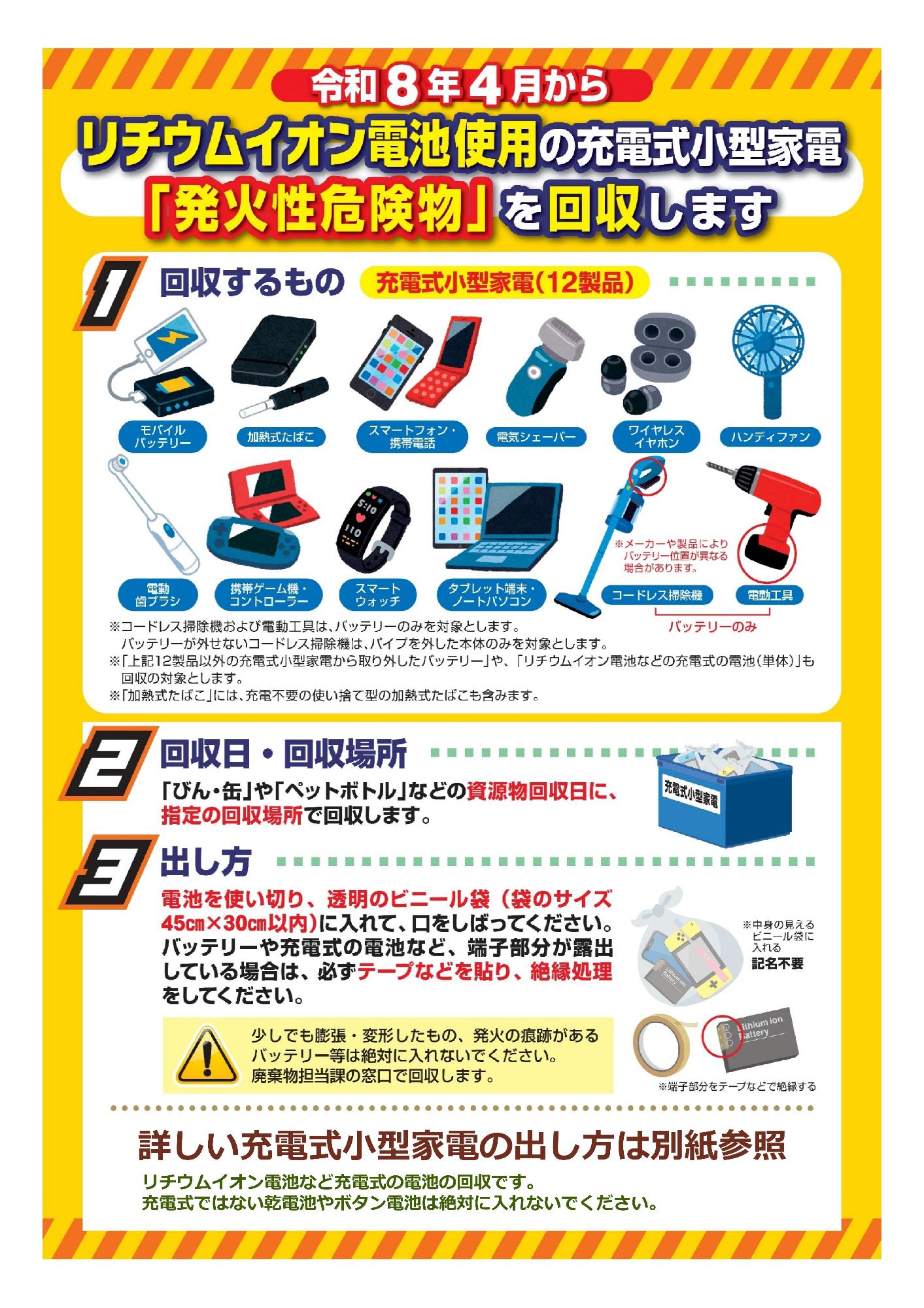 リチウムイオン電池使用の充電式小型家電「発火性危険物」を回収します