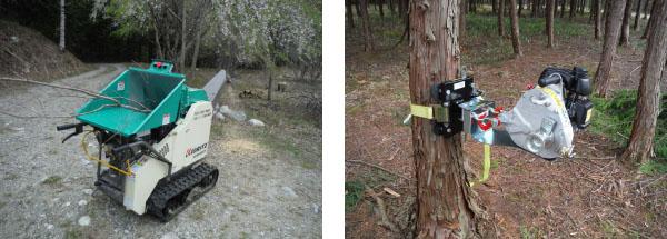 木材破砕機と木の幹に取り付けられた林業用機械の写真